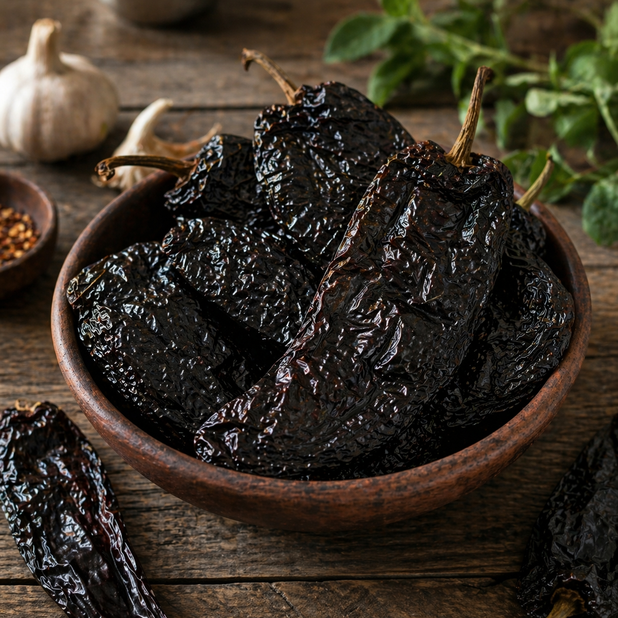 Ancho — Poblano seco — dulce, aterciopelado